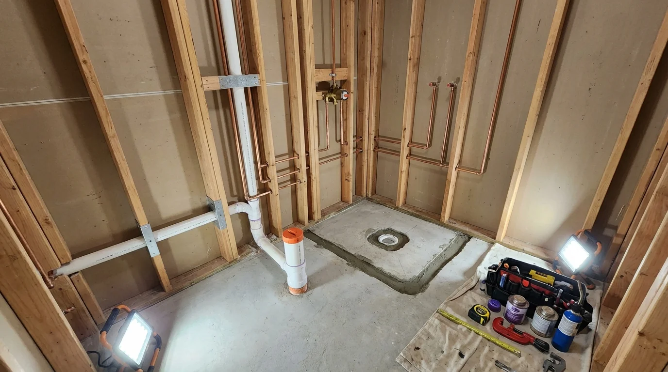 Bathroom rough-in plumbing during remodel by Johns Plumbing LLC in Ashford