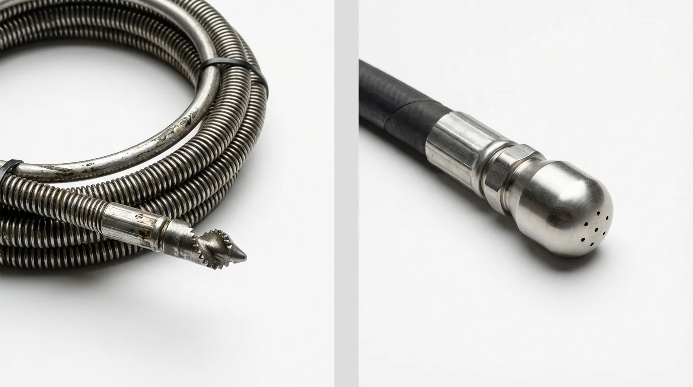 Drain snake cable and hydro jetting nozzle used for drain cleaning in Ashford, AL
