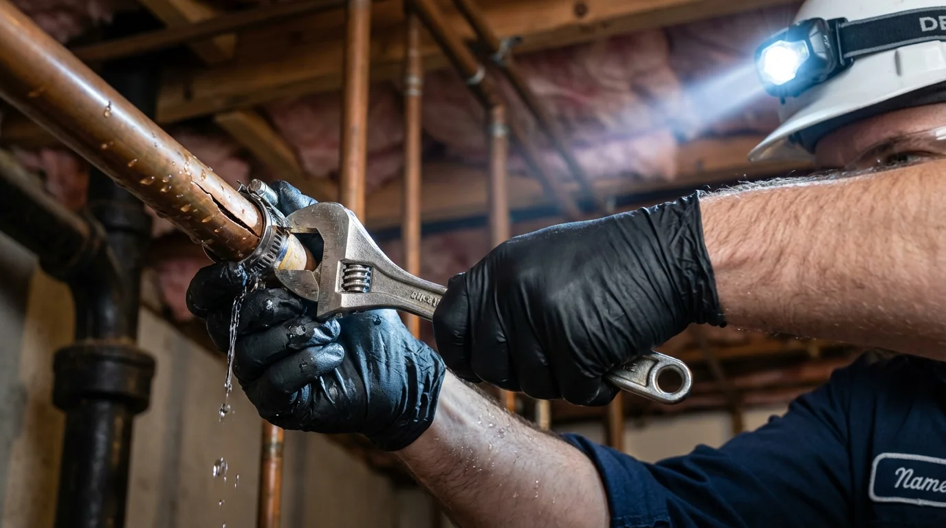 Emergency pipe clamp repair being performed by a Johns Plumbing LLC plumber in Ashford