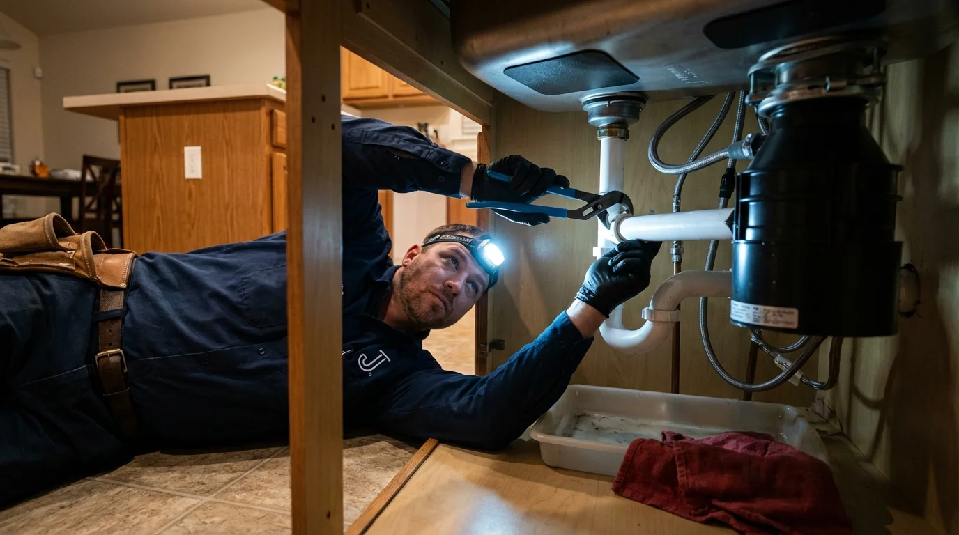 P-trap and supply line connections under a kitchen sink showing a common leak point in Ashford, AL